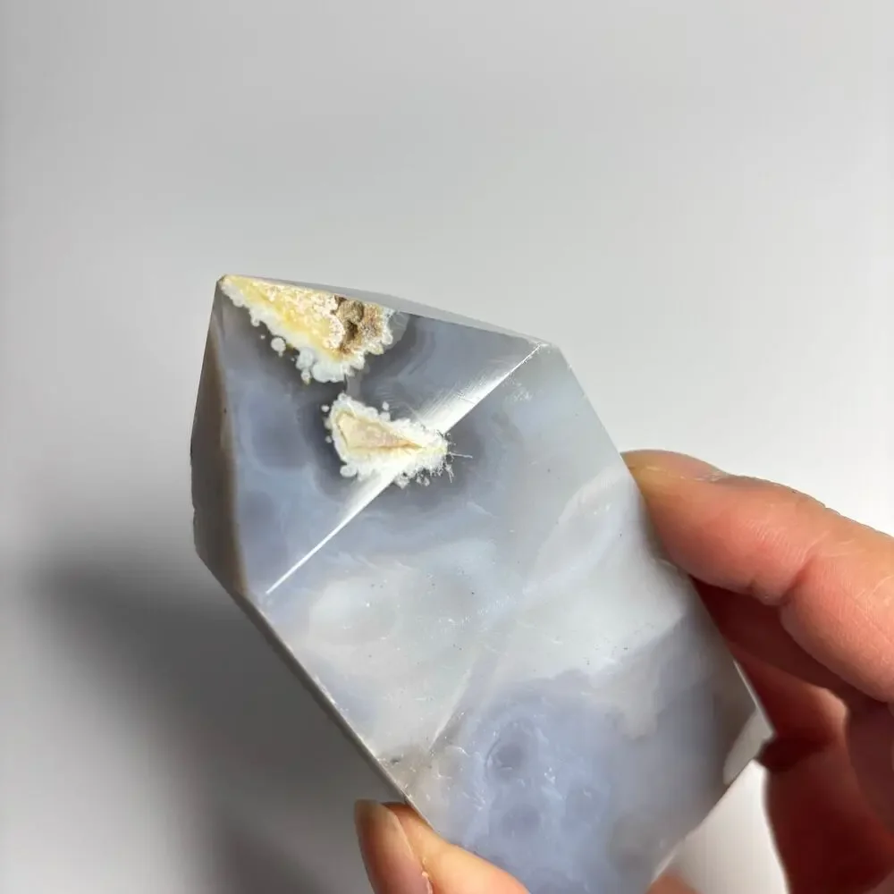 Polished Blue Grey Agate Crystal Tower with Druzy Quartz